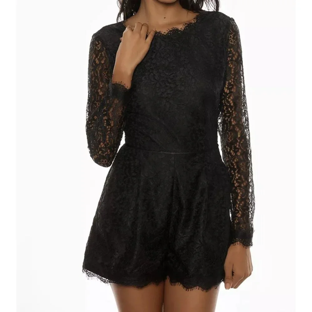 Anthropologie‎ Womens 4 Black Long Sleeve Lace Shorts Romper NWT